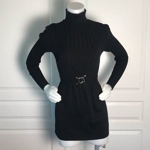 TRACY M BLACK RIBBED‎ TURTLENECK BELTED DRESS